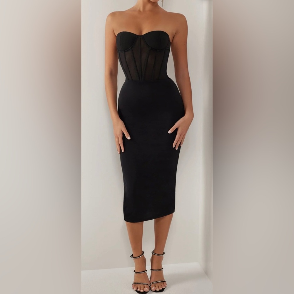 Heiress Beverly Hills BLACK STRAPLESS MESH CORSET MIDI DRESS